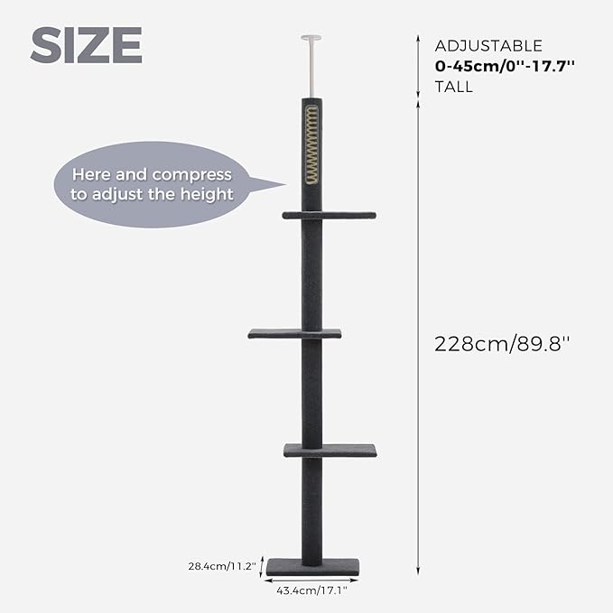 PAWZ Road Floor to Ceiling Cat Tree, Adjustable Height 89.8"-107.5" Tall Cat Tower with 3 Spacious Platforms, 3 Dark Grey Scratching Post for Indoor Cats