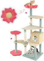 61" Floral Multi-Level Cat Tree Tower with Condo, Scratching Posts, Perches & Toys – Modern Cat Furniture for Indoor Cats, Beige/Blue/Red – Plush & Sisal, 33 lb Per Layer Capacity