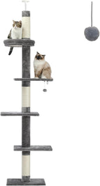 PETEPELA Floor to Ceiling Cat Tree, Cat Tower 5-Tier Height(95-107 Inches) Adjustable, Tall Cat Climbing Tree Featuring with Scratching Post, Cozy Bed,Interactive Ball Toy for Indoor Cats/Kitten Grey