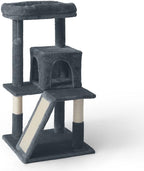 CAPHAUS Kittens Tower with 2-Door Large Cave Condo, Activity Indoor Cat Tree with Large Widened Perch, Multi-Level with Cute Cats Scratching Posts, Modern Ramp, 37-Inch Activity Tree for Small Cats