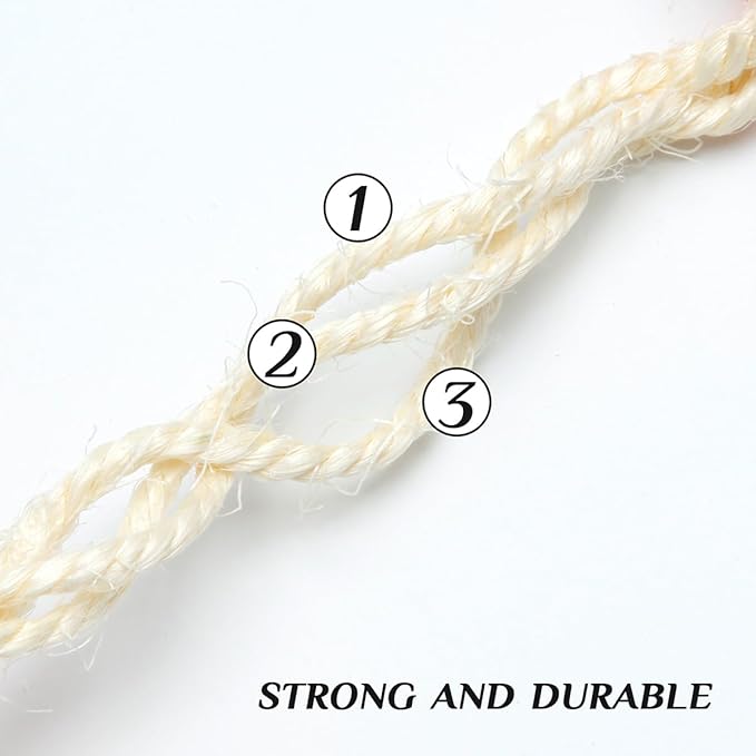Natural Sisal Rope 1/4 Inch 6mm 98-Feet for Cat Scratching Post Tree Tower Replacement Repair and Replace, DIY Hemp Twine Rope for Cat Scratching Furniture Window Perch and Crafts Gardening