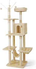 Tall Cat Tree for Indoor Large Cats or Kittens, Multi-Level Cat Activity Tree with Scratching Posts, Hammock, Cat Cave Condo, Modern Cute Small Cat Climbing Tower with Widened Perch