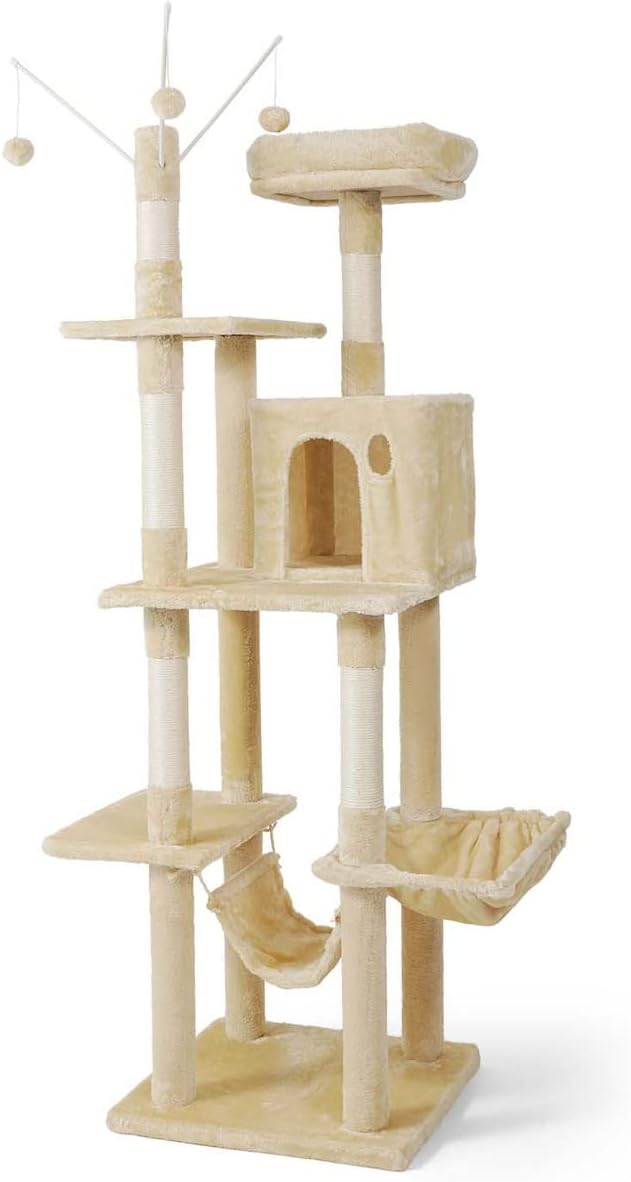 Tall Cat Tree for Indoor Large Cats or Kittens, Multi-Level Cat Activity Tree with Scratching Posts, Hammock, Cat Cave Condo, Modern Cute Small Cat Climbing Tower with Widened Perch