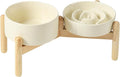 Ceramic 0.9 Cup Raised Slow Feeder Dog Bowl Set, Elevated 6.1inch Water Bowl and 6.1inch Slow Dish with Wooden Stand for Small Dogs (2 x Light Yellow+ Stand)