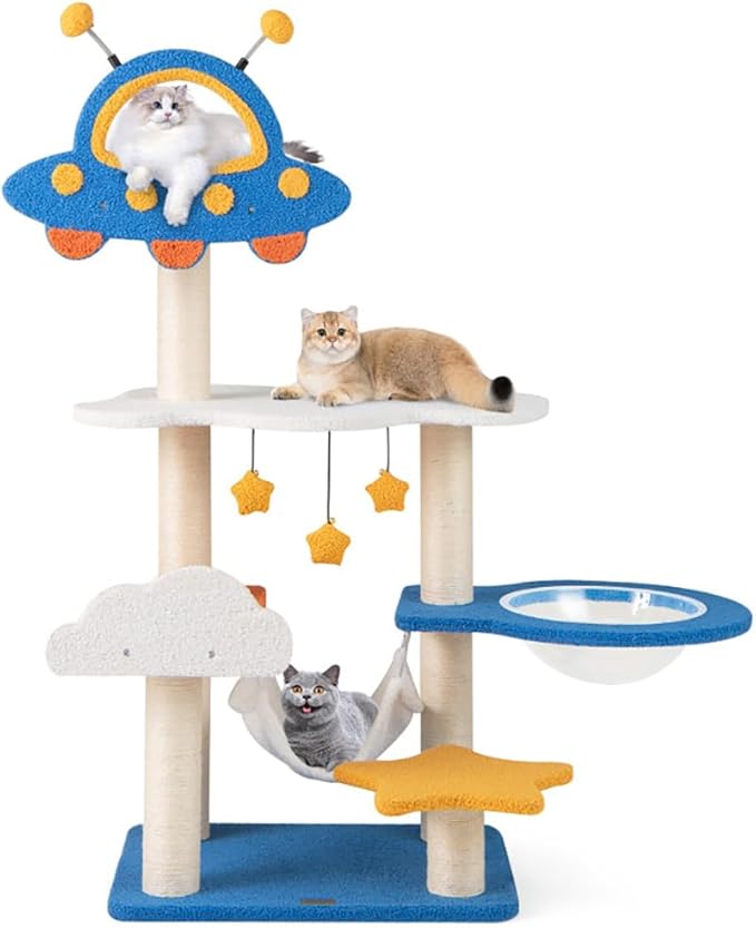 49" Space-Themed Cat Tree Tower – UFO Perch, Transparent Capsule, Hammock & Sisal Scratching Posts – 7-Level Modern Cat Condo for Indoor Cats