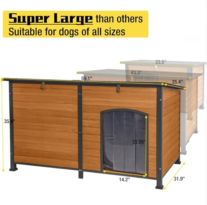Aivituvin Heated Dog House Outdoor 59" Extra Large Insulated Dog Kennel with Heating System & Insulation Liner,All-Around Iron Frame