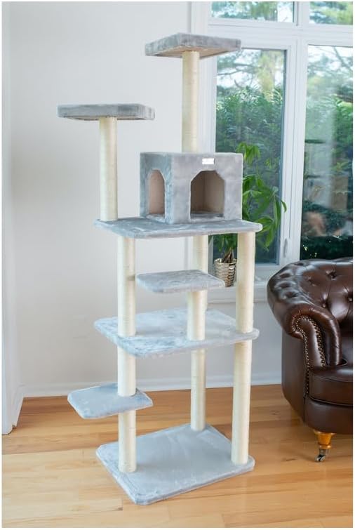 Maykoosh 74" Cat Tree - 7 Level Condo, 2 Perches, Playhouse & Faux Fur