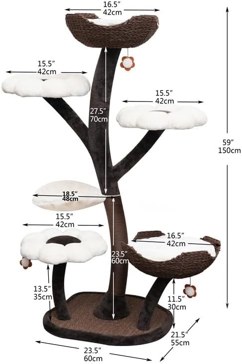 59In Modern Flower Cat Tree with Scratching Posts Handwoven Baskets Cat Tower Baskets Dtachable Cute Climb Frame Beds for Large & Multi-Cat Homes