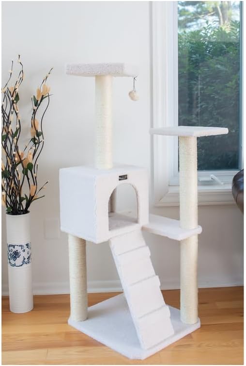 Cat Tree - Ivory - Scratching Post, Ramp & Playhouse - 24" x 22" x 53"