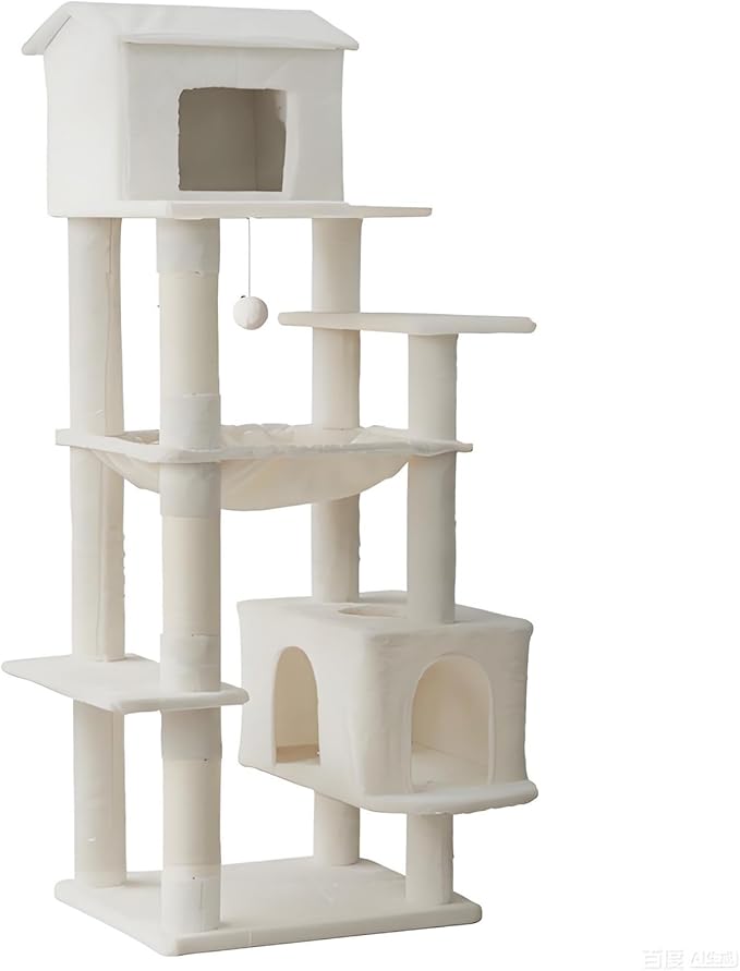KAWHBET 64in Cat Tree,Cute Big Multi-Level Cat Tower Cat Tower W/Scratching Post,Apartment,and Extended Platform for Cats to Play and Sleep,Cat Tree for Indoor Cats Large Adult (White)