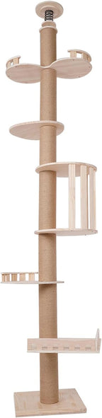 5 Tier Cat Tower Cat Tree with Scratching Posts, 100.4-104.3" Tall Cat Tree with Jumping Platforms, Ceiling-Mounted Wooden Cat Condo Perch for Indoor Small Large Cats Adult
