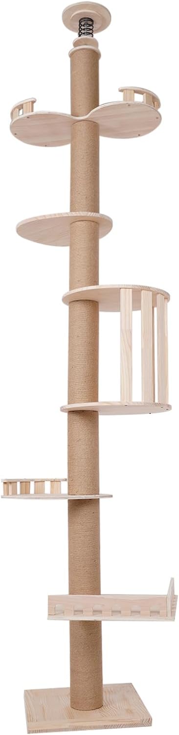 5 Tier Cat Tower Cat Tree with Scratching Posts, 100.4-104.3" Tall Cat Tree with Jumping Platforms, Ceiling-Mounted Wooden Cat Condo Perch for Indoor Small Large Cats Adult