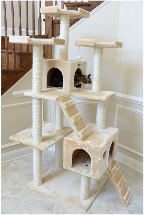 Cat Tree Multi-Level - Scratching Posts, Play Platforms & Cozy Hideaway - Beige Faux Fur Cat Furniture