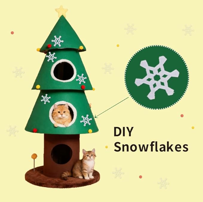 Christmas Cat Tree with 3 Cat Houses, 59 inch Cat Tower for Indoor Cats, Cat Furniture with Teaser Toy for Christmas Decoration