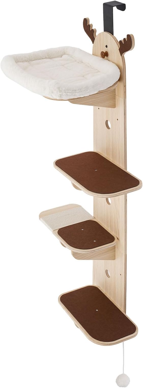 Door Hanging Cat Tree 4 Tier, Wooden Door Mounted Vertical Cat Climbing Scratching Frame 4.92ft Height 9.8in Width Space Saving Cats Shelf 20-25kg Load (Light Wood + Brown, with Cat Nest)