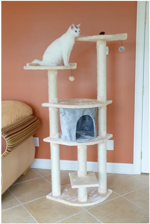 Cat Tree with Scratching Posts & Playhouse - Soft Faux Fur Perches for Cats - Almond