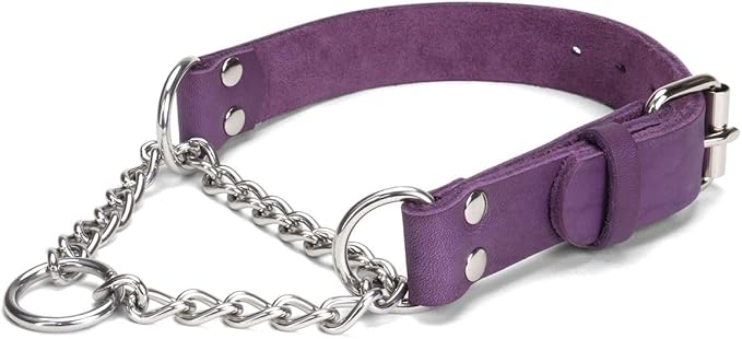 Martingale Collar for Dogs No-Pull Adjustable Training Collar with Stainless Steel Chain - Genuine Leather Anti-Slip Design for Small,Medium,Large Breed Dogs - Purple (M)