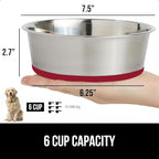 GORILLA GRIP Dog Bowl, Holds 6 Cups (48 fl oz), Food Grade 304 Stainless Steel Food and Water Bowl for Feeding Dogs and Cats, BPA Free Rubber Base, Easy Clean, Dishwasher Safe, Rust Resistant, Red