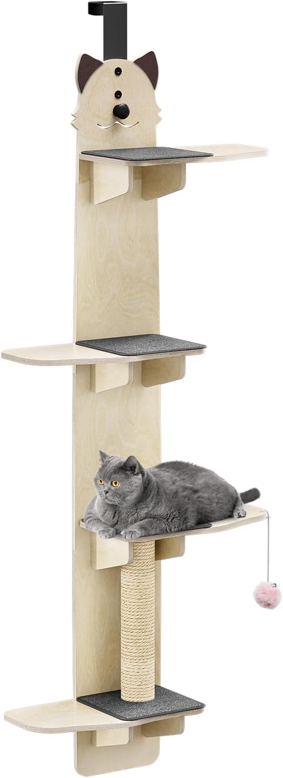 Over The Door Cat Tree with 4 Vertical Tiers & Scratching Post, Cat Door Hanger with Tease Ball & Plush Pads, Door Hanging Cat Shelves for Indoor Cats' Active Play Spaces 170cm