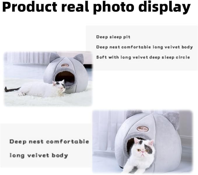 Cat Ear-Shaped Bed for Indoor Cats,Semi-Enclosed Kitten Bed with A Removable Mat & Non-Slip Bottom for Cat and Small Dog,Cats Hideaway (Gray, S:13×13×13in(33×33×33cm))