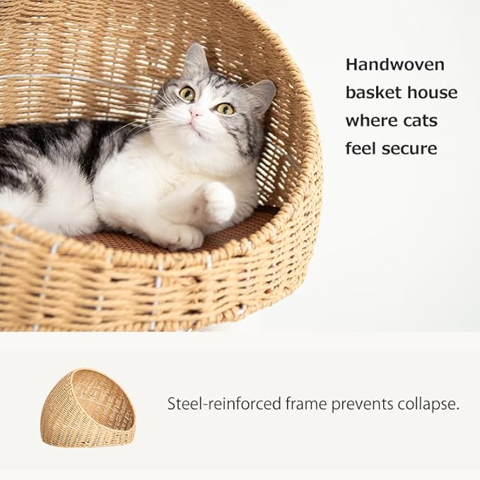 Wood Cat Tree for Large Cats, Modern Indoor Cat Tower with Basket Beds, Cat Condo & Clear Hammock, Multi-Level Wooden Cat Furniture for Home Living Room Decor (Particle Wood)
