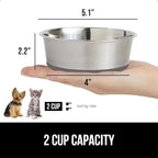 GORILLA GRIP Dog Bowl, Holds 2 Cups (16 fl oz), Food Grade 304 Stainless Steel Food and Water Bowl for Feeding Dogs and Cats, BPA Free Rubber Base, Easy Clean, Dishwasher Safe, Rust Resistant, Gray