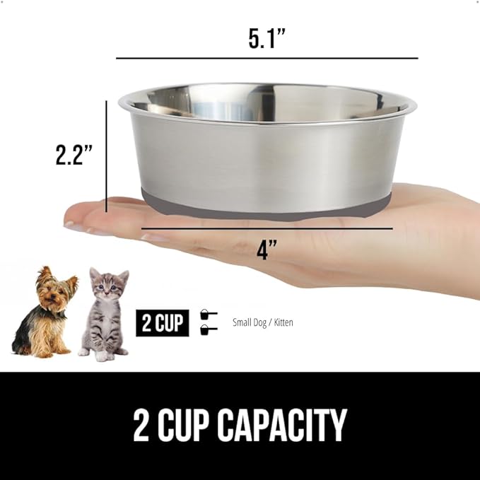 GORILLA GRIP Dog Bowl, Holds 2 Cups (16 fl oz), Food Grade 304 Stainless Steel Food and Water Bowl for Feeding Dogs and Cats, BPA Free Rubber Base, Easy Clean, Dishwasher Safe, Rust Resistant, Gray