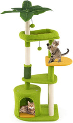 48" Cat Tree with Tropical Leaf Design – Self-Groomer, Scratching Posts & Space-Saving Tower