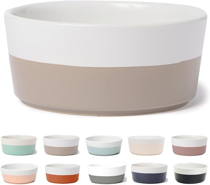 Waggo Dipper Ceramic Dog Bowl for Small and Large Breeds - Heavyweight and Durable Pet Food and Water Dish Crock, Dishwasher Safe, Modern (Vintage Grey, Medium)