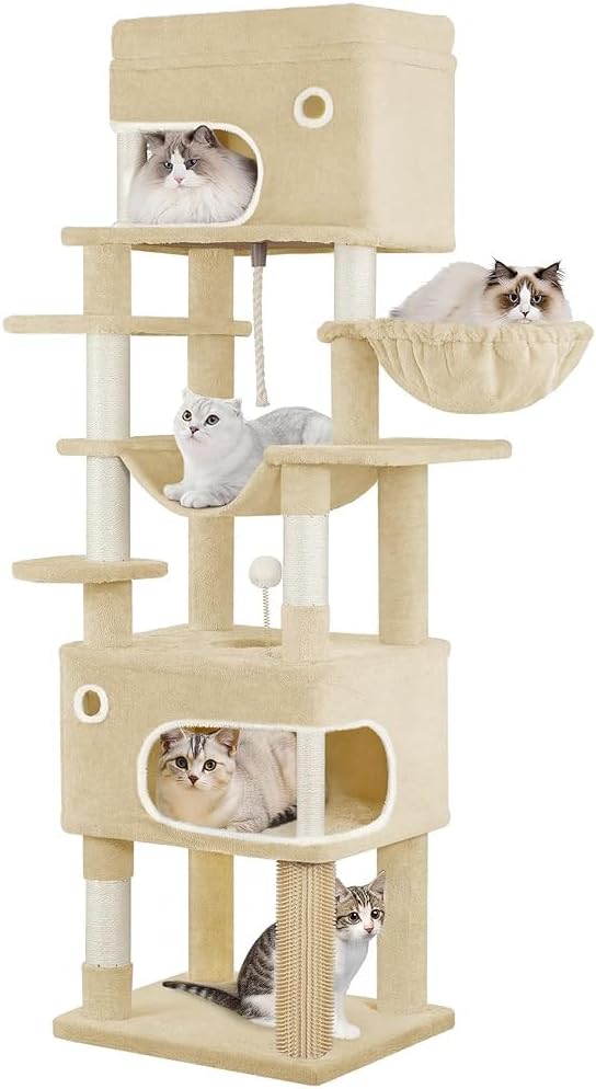 70.1 Inch Cat Tree for Indoor Cats, Multi-Layer Scratching Post with Large Platform, 2 Caves, 7 Sisal Posts, Pompoms, Cat Basket, Hammock, Suitable for Cats, Beige MS17818YL