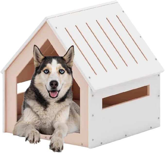 POLIPETS Large House for Pets, Wooden House for Pets for Interiors, Resistant Wood with Cushion for Dog Included, Minimalist, Elegant and Resistant, 32x31.5x31.7 in, Matte White