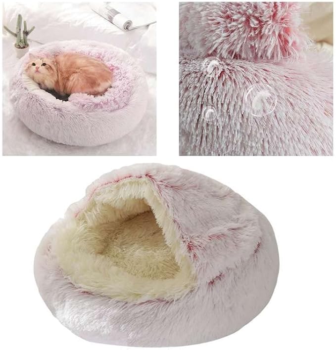 Cat Bed Round Fluffy Hooded Cat Bed Cave, Anti-Anxiety Cave Bed with Hooded Blanket, Cozy Cuddler Luxury Puppy Pet Bed, Anti-Slip Bottom and Machine Washable (Pink, Large)