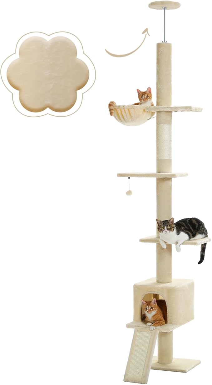 PETEPELA Floor to Ceiling Cat Tree, Cat Tower 5 Tiers Tall (83-108 Inches) Adjustable Height, Cat Climbing Tree Featuring with Condo, Scratching Post and Perches for Indoor Cats, Beige