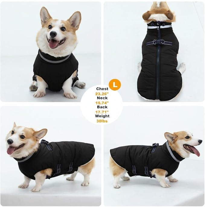 Mklhgty Small Dog Coat with Harness Built-in, Waterproof Reflective Fleece Lined - Warm Windproof Winter Jacket with Back Zipper, Cold Weather Snow Dog Coats - Black - XS