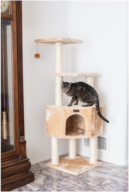 Maykoosh Cat Tower - 3 Level Real Wood Cat Tree - Kittens Play & Rest - 48" High - Beige