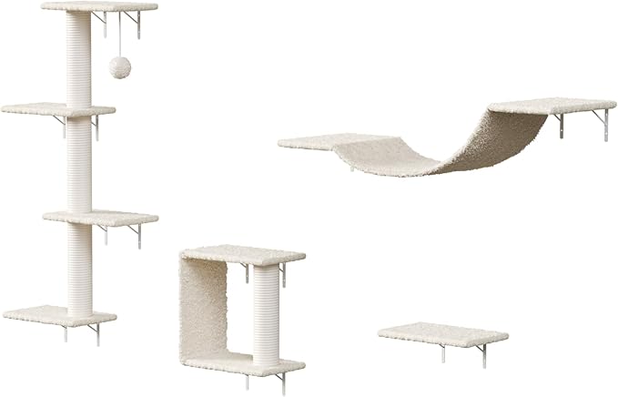 Modern Wall-Mounted Cat Furniture Set-4pcs Deluxe Cat Wall Shelves with Plush Bridge,Steps, Scratcher & Sisal Cat Tree | Sturdy 22lbs Capacity,Space-Saving Vertical Playground,for Active Indoor Cats