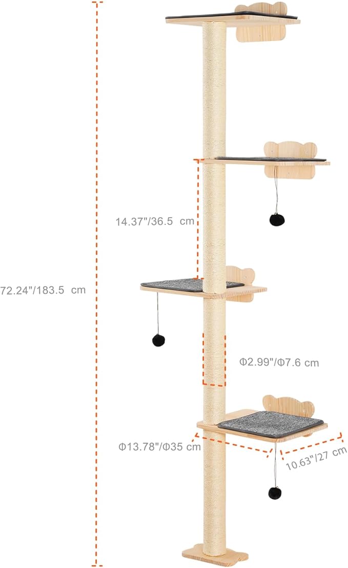 HAPPYBUY 4 Tiers Cat Tree, Cat Wall Furniture Set with 4 Jumping Boards, Wall-Mounted Cat Floating Shelf up to 40 lbs, 12 mm Pine Wood Cat Perch for Sleeping, Playing and Climbing