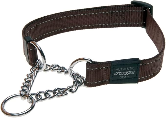 Rogz Utility Medium 5/8-Inch Reflective Snake Obedience Half-Check Dog Collar, Chocolate