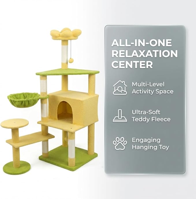 Flower Cat Tree with Large Condo, Removable Flower Cushion and Hammock, Multi-Level Cat Tower with Hanging Basket, Cat Cave, Scratching Posts,Cat Furniture for Indoor Cats, Perfect for Multiple Cats