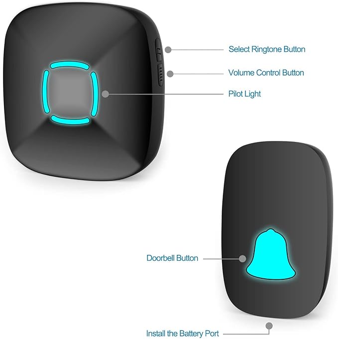 Doorbell, Lovin Product Waterproof Wireless Doorbell Chime Kit with 36 Chimes, Adjustable Volume; 1000feet Operating, with Sound LED Flash Door Bell for Home (1 Receiver x 1 Push Button) Black