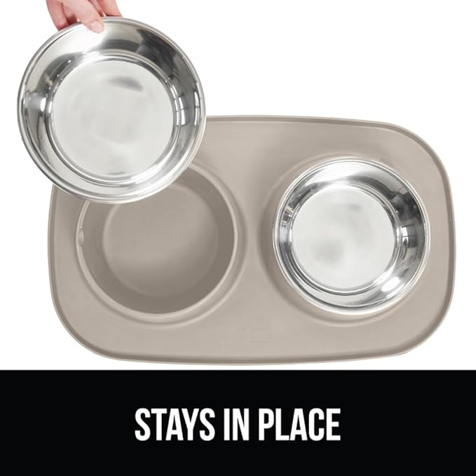GORILLA GRIP Feeding Mat Bowl Set, 100% Waterproof BPA Free Silicone Base, 304 Stainless Steel Cat and Dog Bowls for Food and Water, Slip Resistant, High Edge, US Designed, Patent Pending, 1 Cup Beige