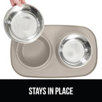 GORILLA GRIP Feeding Mat Bowl Set, 100% Waterproof BPA Free Silicone Base, 304 Stainless Steel Cat and Dog Bowls for Food and Water, Slip Resistant, High Edge, US Designed, Patent Pending, 2 Cup Beige