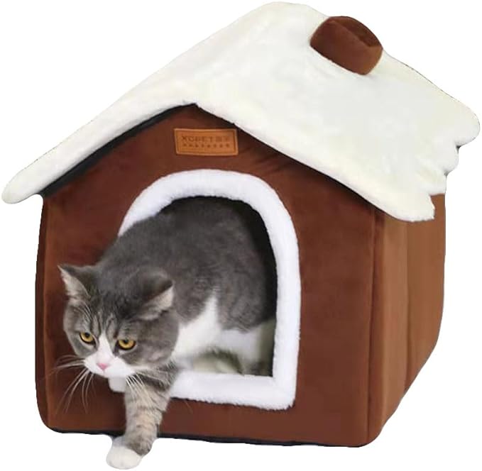 Christmas Cat Bed for Indoor Cats Plaid Xmas Cat Tent Cats Bed Cave for Pets Kittens and Dogs (Coffee, L (20.5 X 17 X 19.7 Inch))