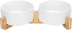SPUNKYJUNKY Ceramic Dog and Cat Bowl Set with Wooden Stand, Modern Cute Weighted Food Water Set for Large Size Dogs (7.6 Cups, 2 × White)