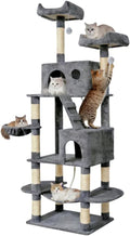 Pawly 70" Extra Tall Cat Tree with Dual Hammocks & Enlarged Condos, Premium CARB P2-Compliant Particle Board, 350G Plush Natural Sisal Cat Tower for Big Cats & Multi-Cat Families, Gray