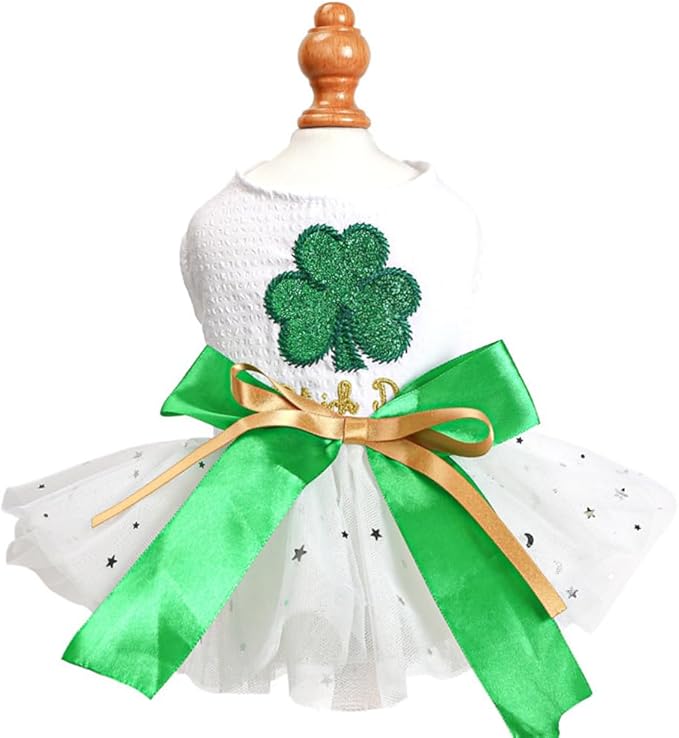 St Patrick's Day Dog Dress for Small Dogs Girl Lucky Shamrock Tutu Dresses with Bow Tie Holiday Puppy Clothes Female Pet Cat Outfit (Green, Large)