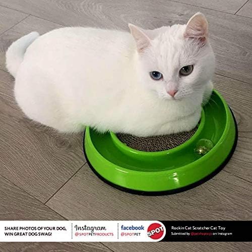 SPOT Rockin’ Cat Scratcher Toy – Interactive LED Light-Up Ball Cat Toy, Corrugated 5-Inch Cardboard Scratching Pad with Catnip Bag for Claw Care & Play, Non-Slip Rubber Base, 10-Inch, 1-Piece