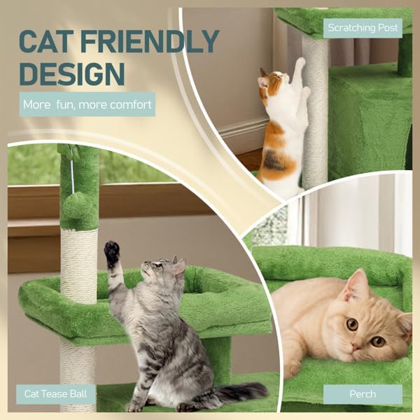 36in Leaf Cat Tree for Indoor Cats, Multi-Level Cat Tower with Condo, Padded Perch, Sisal Scratching Posts, Dangling Ball, Modern Green Cat Furniture for Kittens and Small Cats