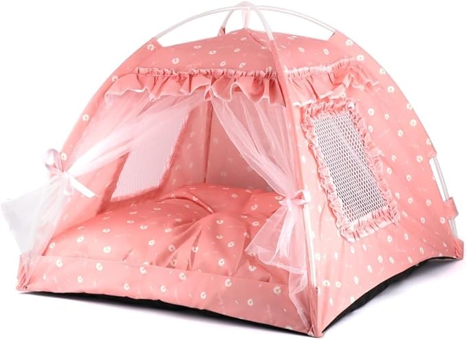 Pawstrip Dog Tent Indoor Cat House Pink Puppy Bed Portable Pet Teepe Princess Dog Camping Tent Outdoor Kitten Houses Cute Bunny Nest Girl Kitty Cave, Small (13.8" x 13.8" x 11.8")