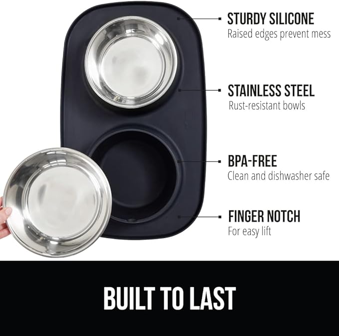 GORILLA GRIP Feeding Mat Bowl Set, 4 Cup 100% Waterproof BPA Free Silicone Base, 304 Stainless Steel Cat and Dog Bowls for Food and Water, Slip Resistant, High Edge, US Designed, Patent Pending, Black